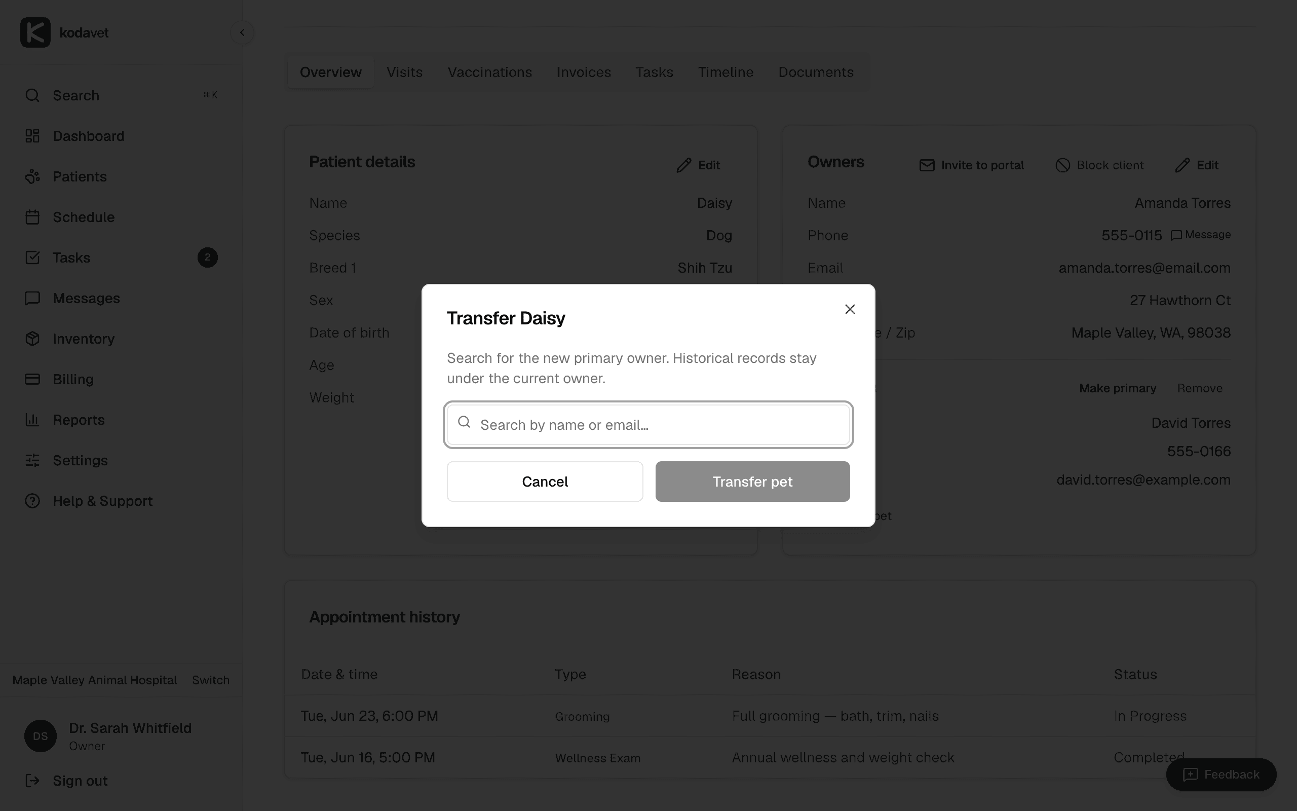 KodaVet 'Relocate pet' dialog — transfer a patient to a new primary owner while historical records stay intact