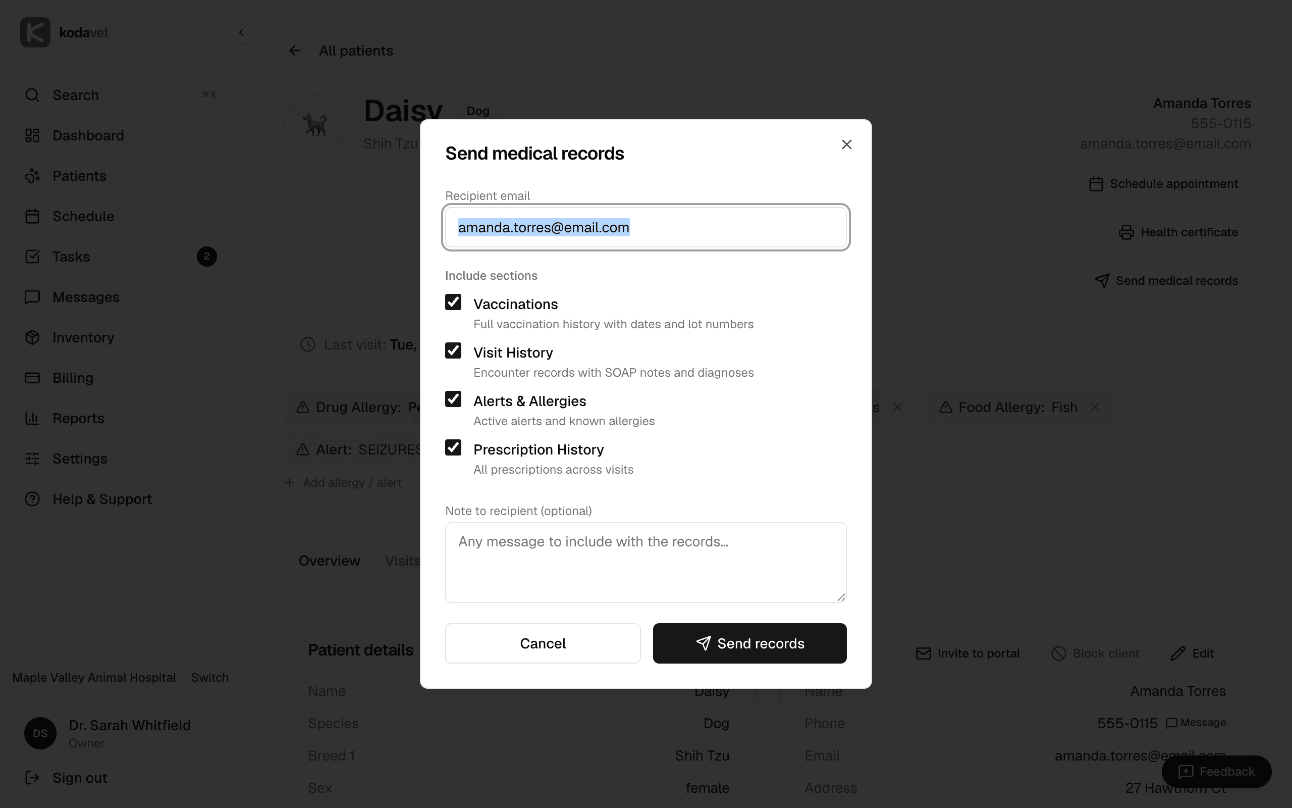 KodaVet 'Send medical records' dialog — choose vaccinations, visit history, alerts, and prescriptions to email to any recipient
